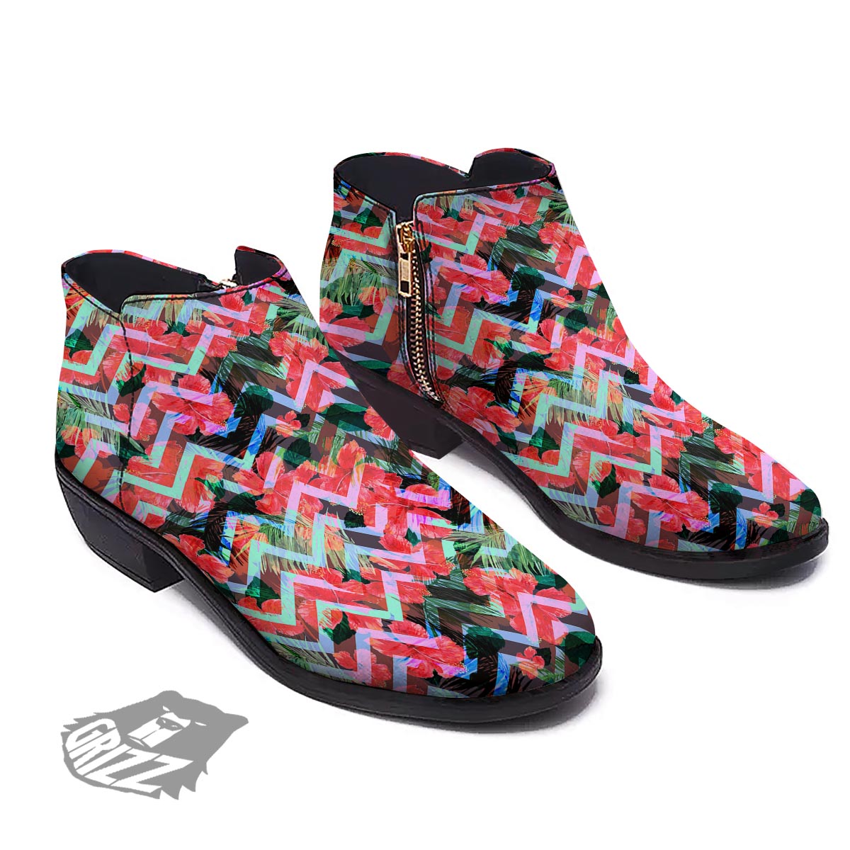 Chevron Red Hibiscus Print Pattern Ankle Boots-grizzshop