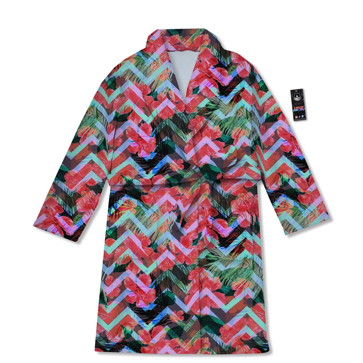 Chevron Red Hibiscus Print Pattern Bathrobe-grizzshop
