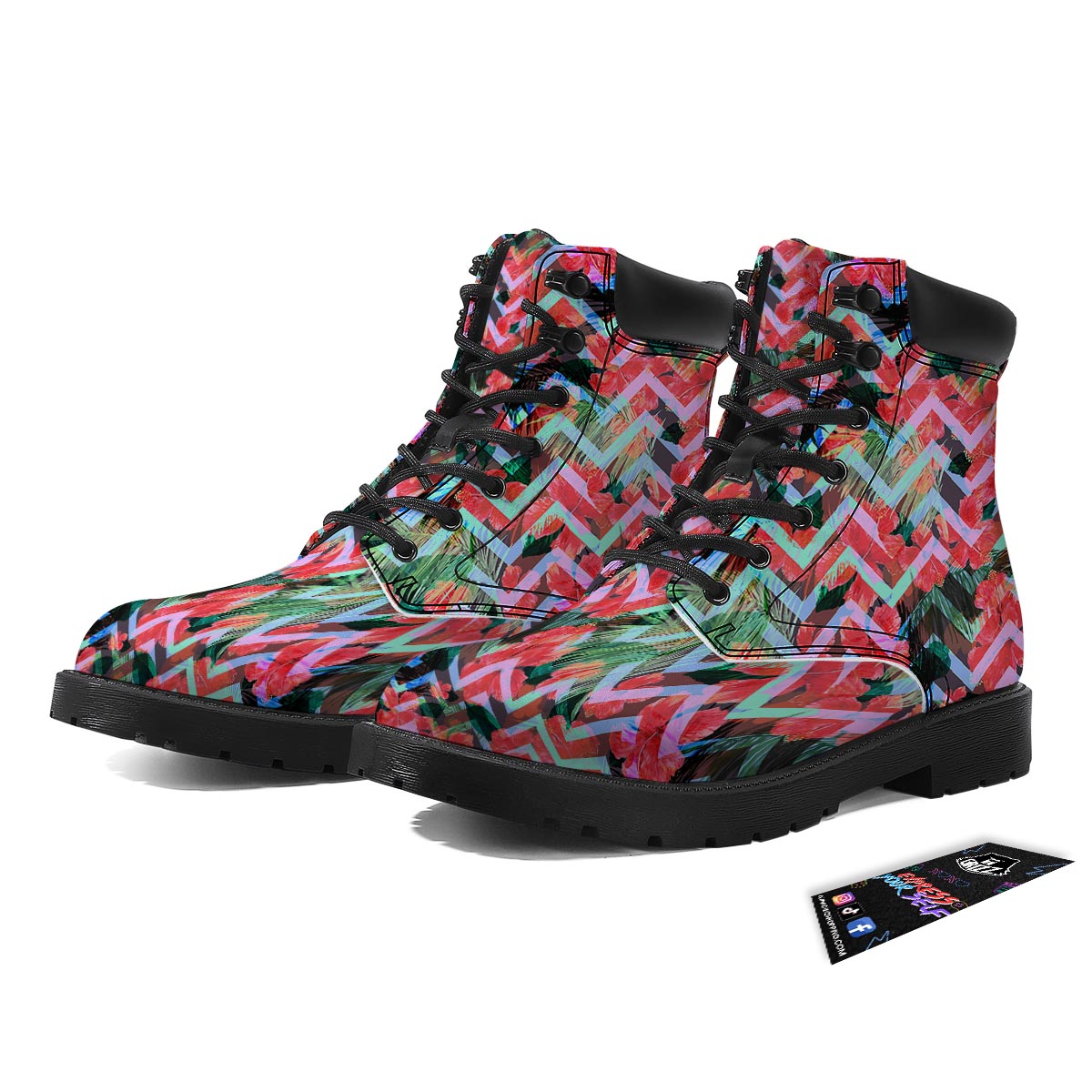 Chevron Red Hibiscus Print Pattern Boots-grizzshop