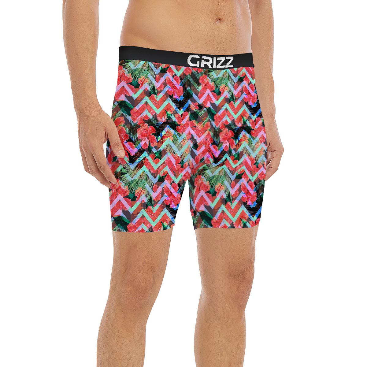 Chevron Red Hibiscus Print Pattern Boxer Briefs-grizzshop