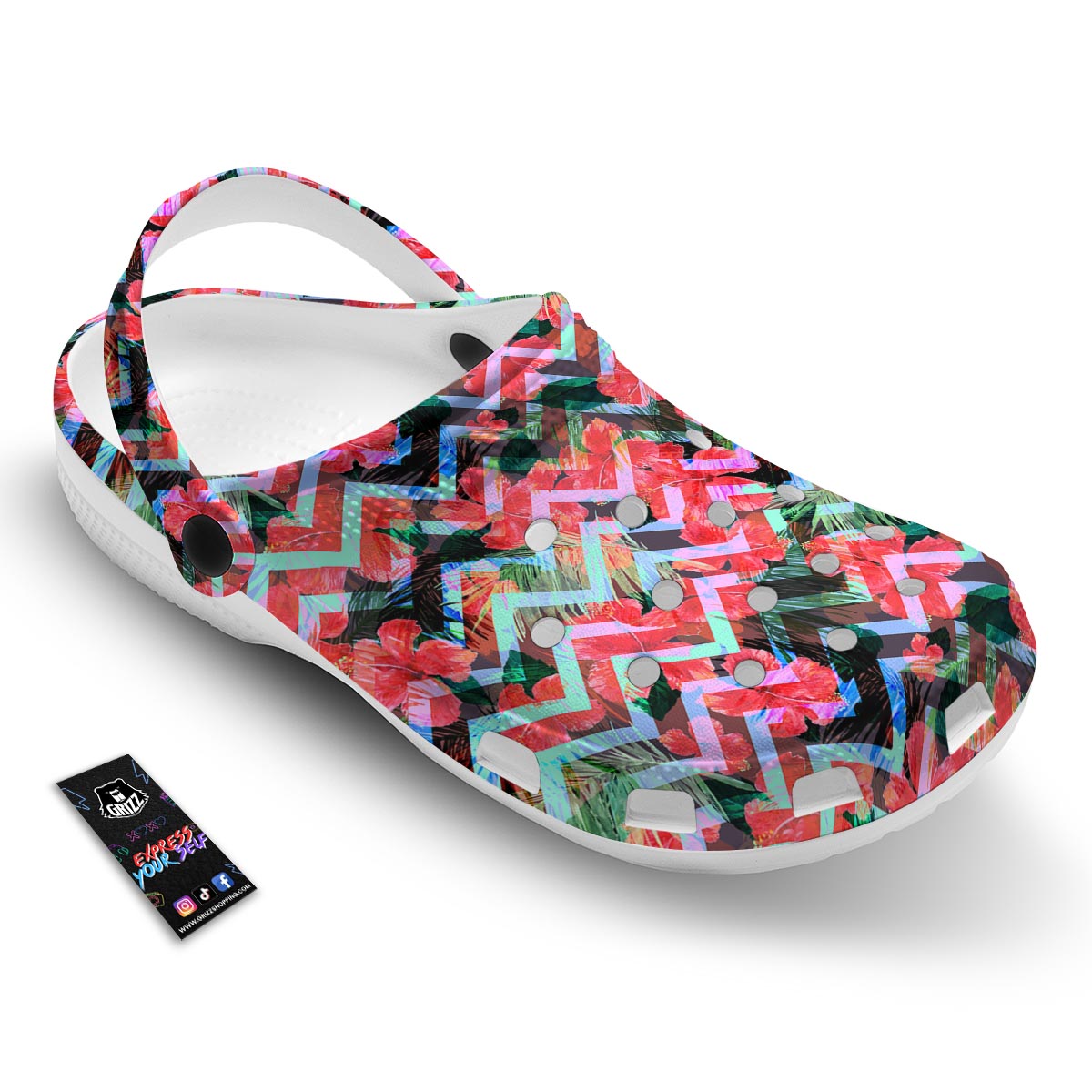 Chevron Red Hibiscus Print Pattern Clog-grizzshop
