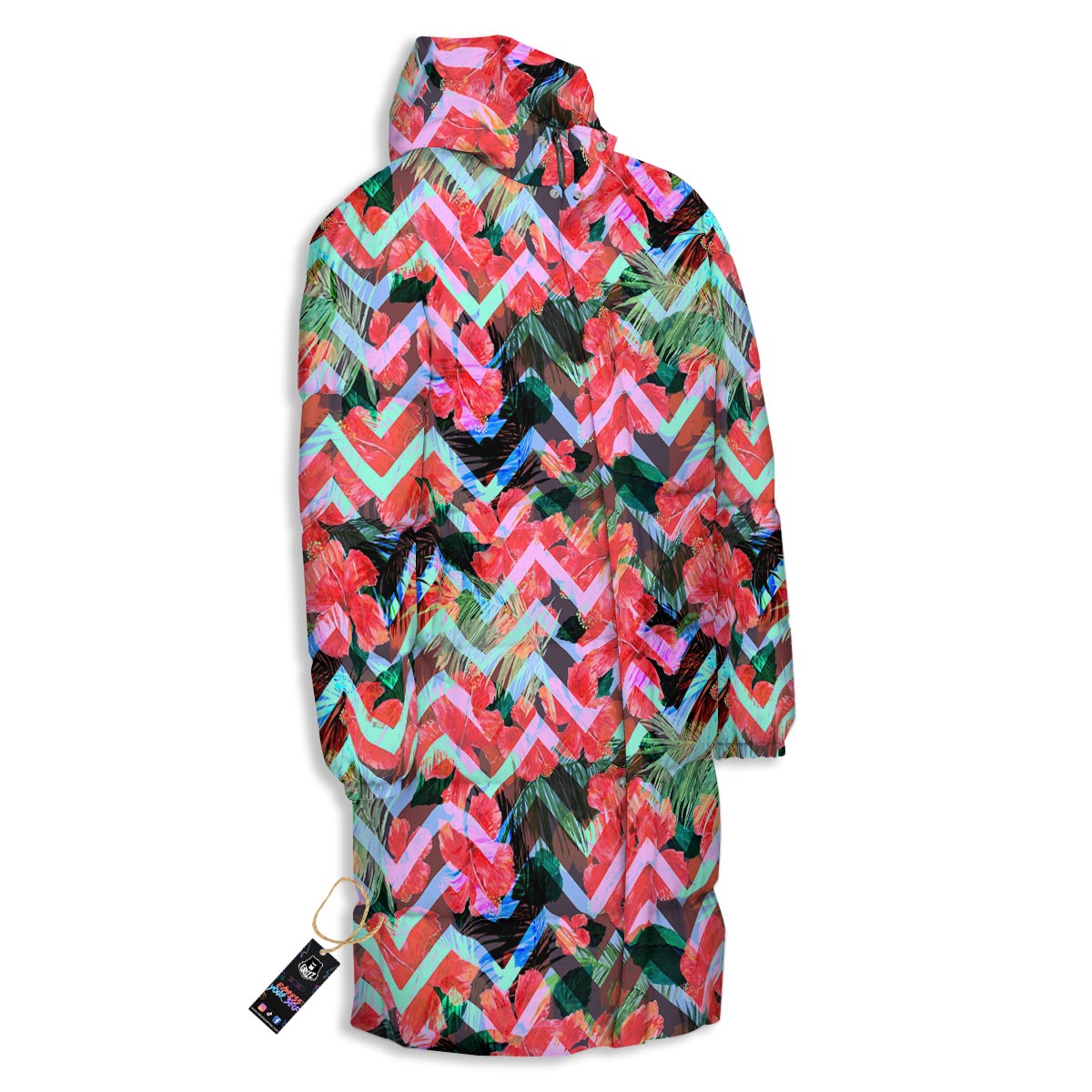 Chevron Red Hibiscus Print Pattern Long Down Jacket-grizzshop