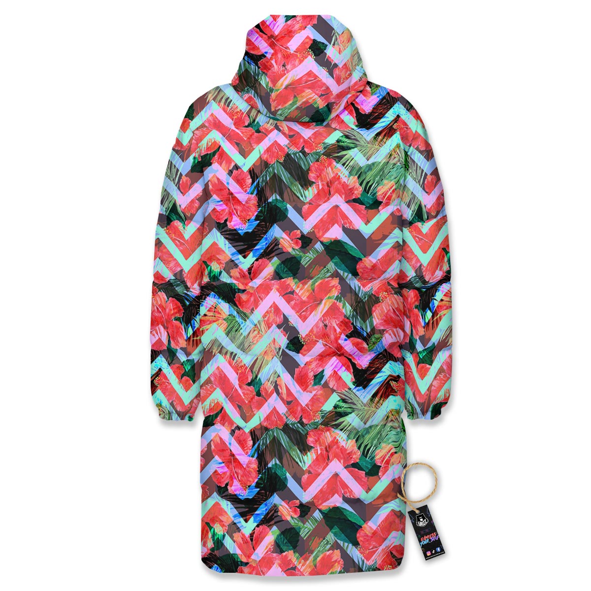 Chevron Red Hibiscus Print Pattern Long Down Jacket-grizzshop