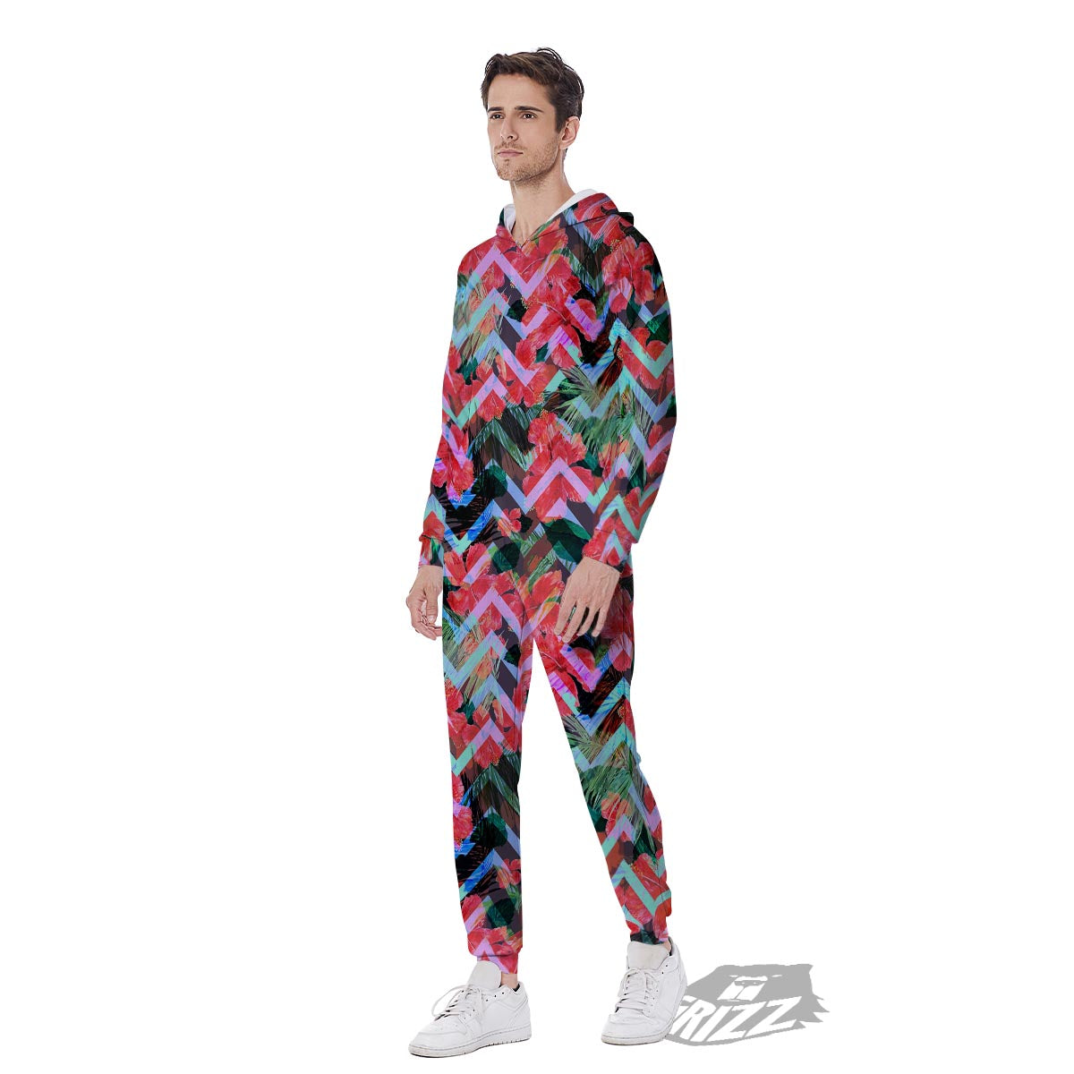 Chevron Red Hibiscus Print Pattern Men's Jumpsuit-grizzshop