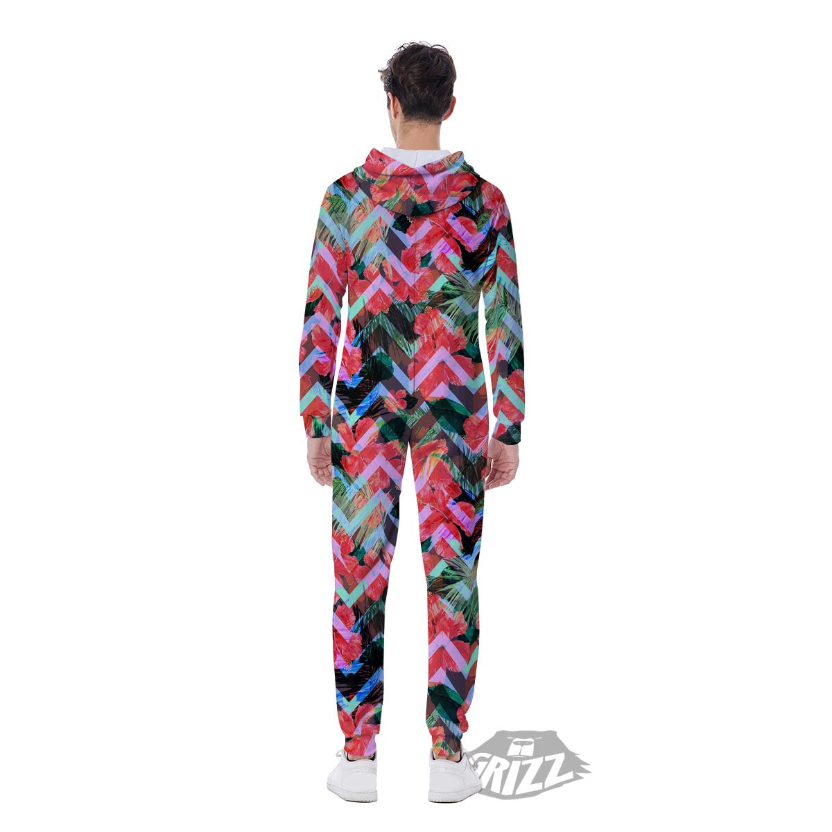 Chevron Red Hibiscus Print Pattern Men's Jumpsuit-grizzshop