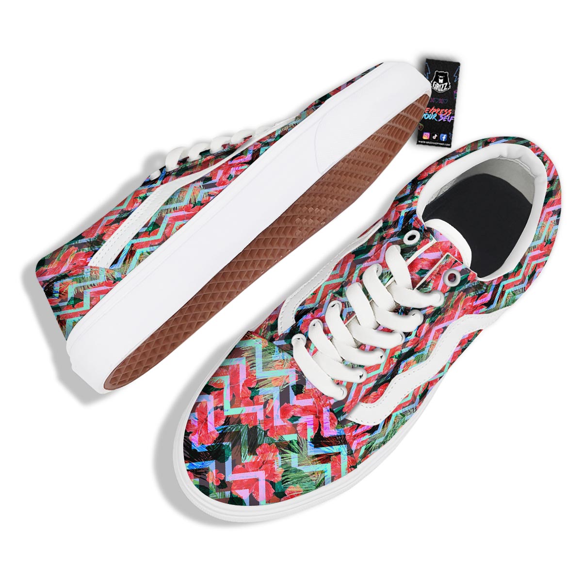 Chevron Red Hibiscus Print Pattern Skate Shoes-grizzshop