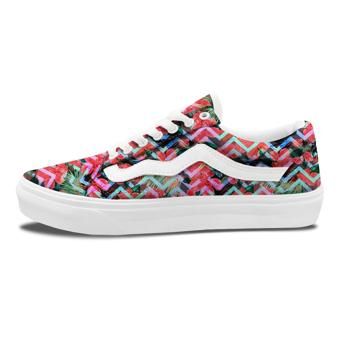 Chevron Red Hibiscus Print Pattern Skate Shoes-grizzshop