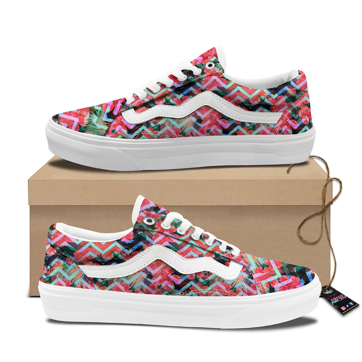 Chevron Red Hibiscus Print Pattern Skate Shoes-grizzshop