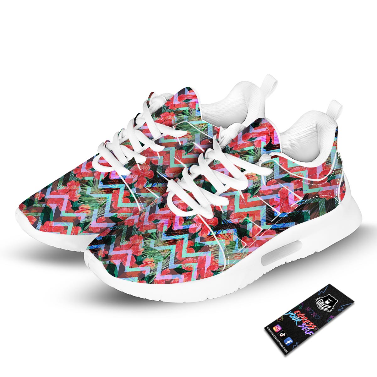 Chevron Red Hibiscus Print Pattern Tennis Shoes-grizzshop
