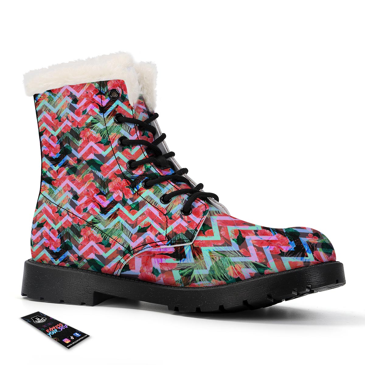 Chevron Red Hibiscus Print Pattern Winter Boots-grizzshop