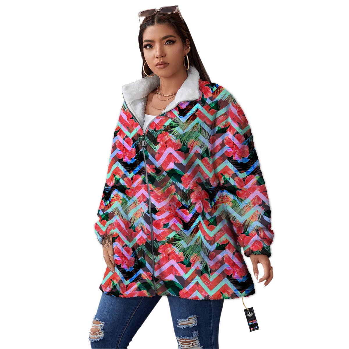 Chevron Red Hibiscus Print Pattern Women's Sherpa Jacket-grizzshop