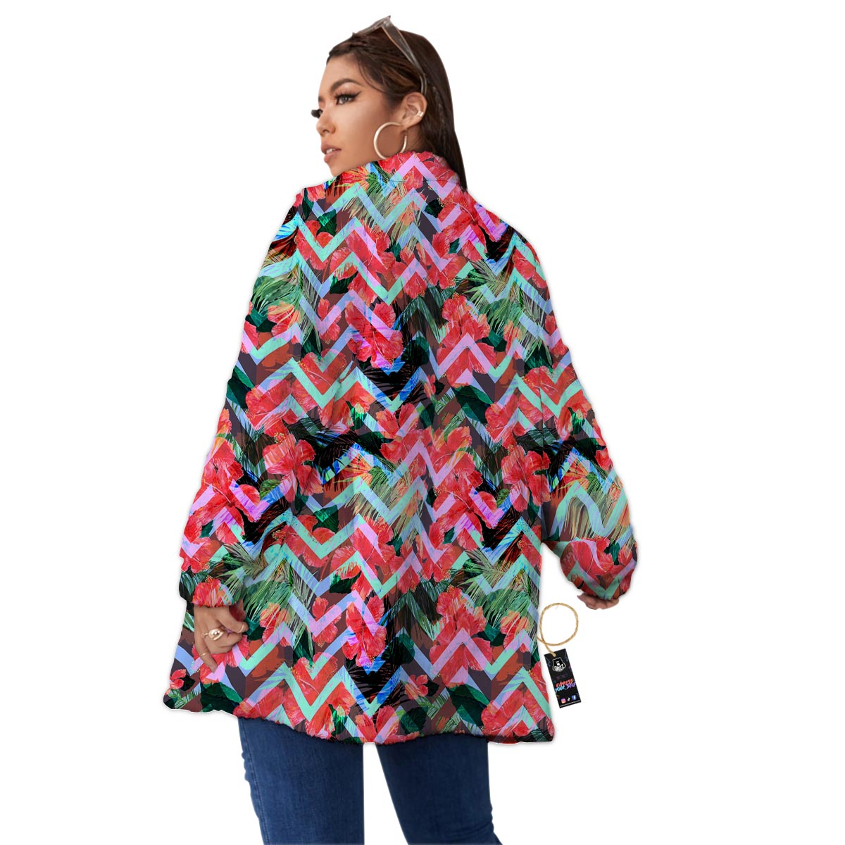 Chevron Red Hibiscus Print Pattern Women's Sherpa Jacket-grizzshop