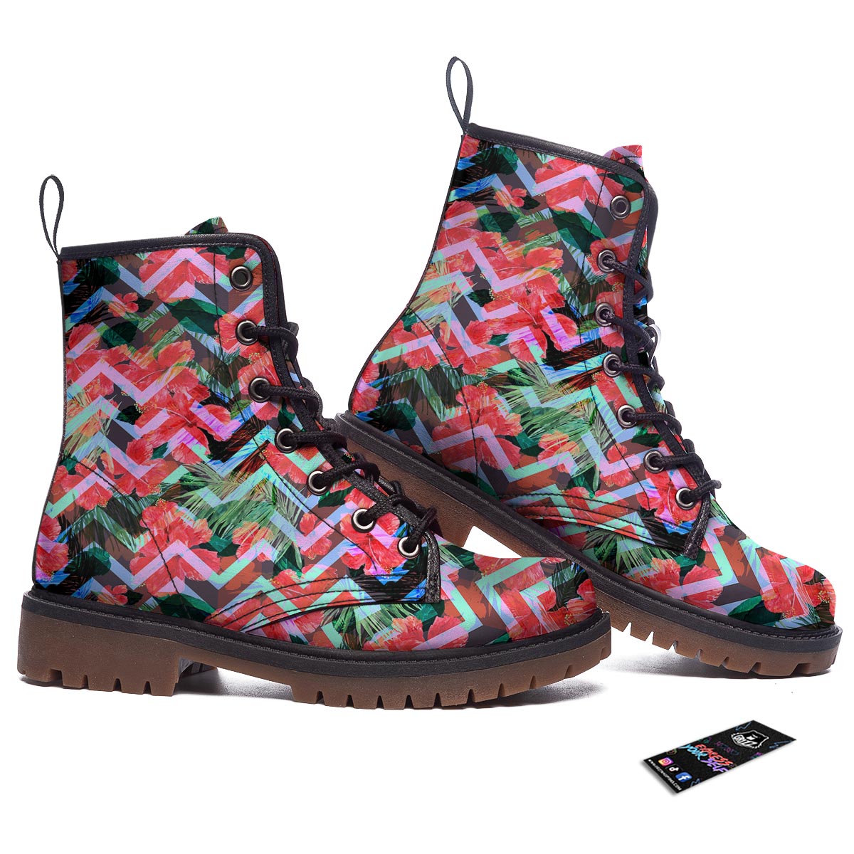Chevron Red Hibiscus Print Pattern Work Boots-grizzshop