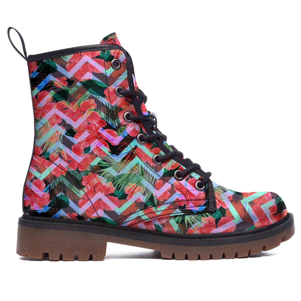 Chevron Red Hibiscus Print Pattern Work Boots-grizzshop