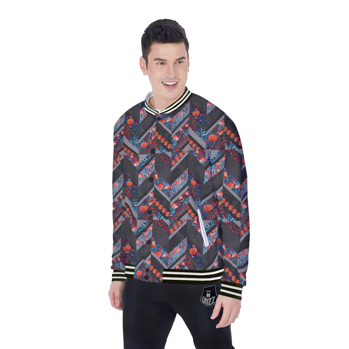 Chevron Watercolor Flowers Print Pattern Baseball Jacket-grizzshop