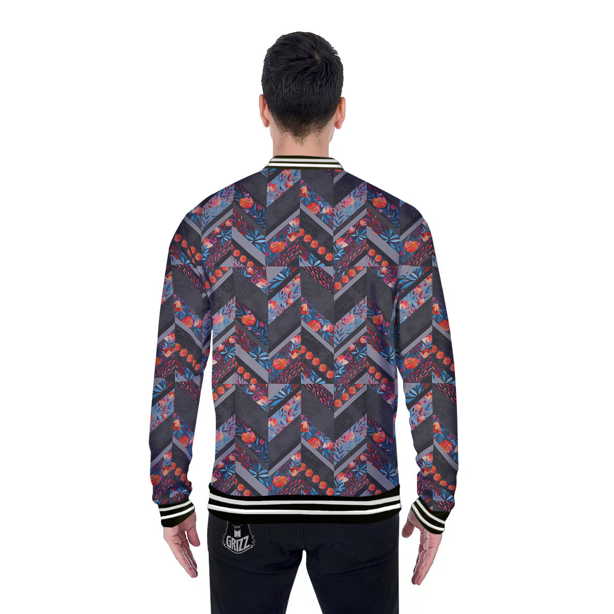 Chevron Watercolor Flowers Print Pattern Baseball Jacket-grizzshop