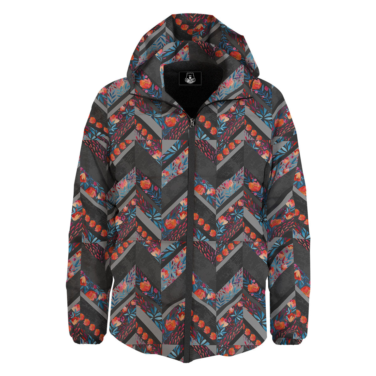 Chevron Watercolor Flowers Print Pattern Down Jacket-grizzshop