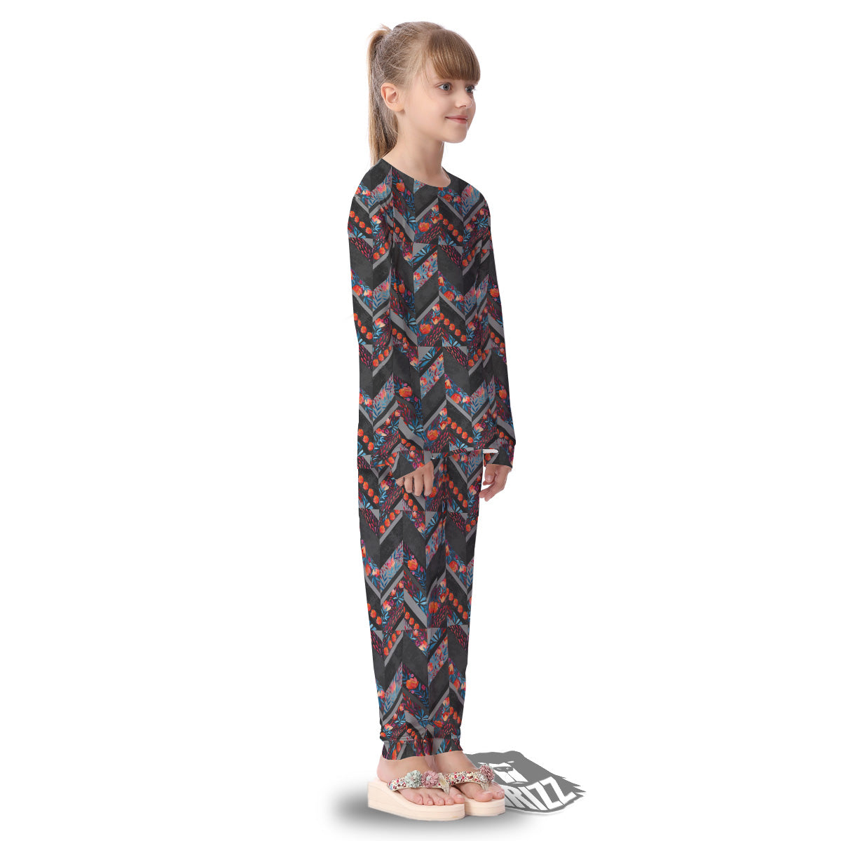 Chevron Watercolor Flowers Print Pattern Kid's Pajamas-grizzshop