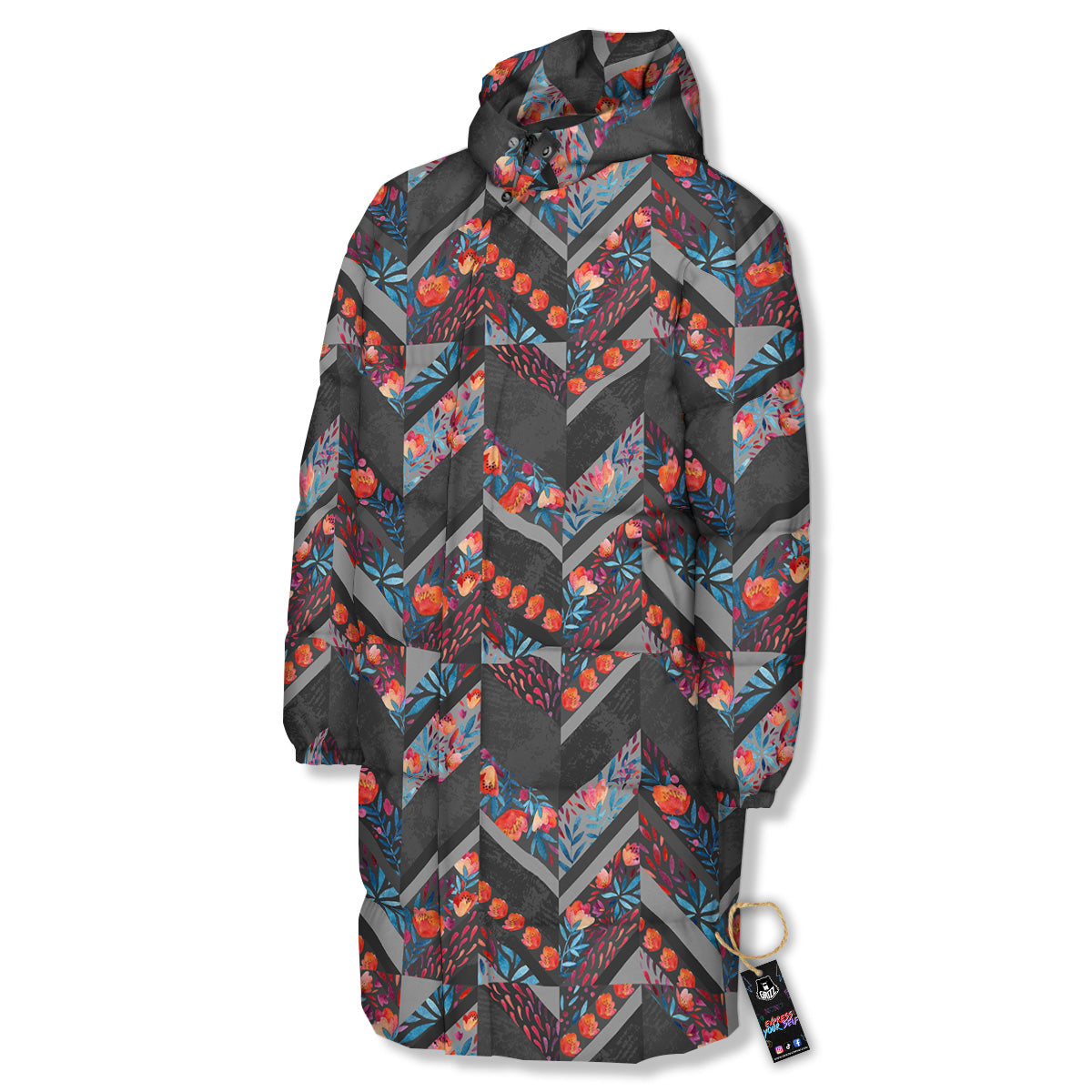 Chevron Watercolor Flowers Print Pattern Long Down Jacket-grizzshop