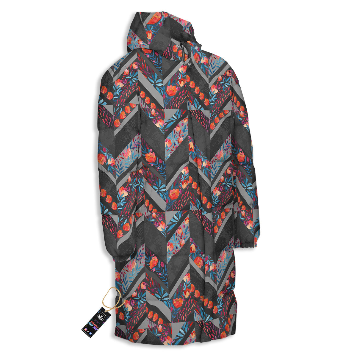Chevron Watercolor Flowers Print Pattern Long Down Jacket-grizzshop
