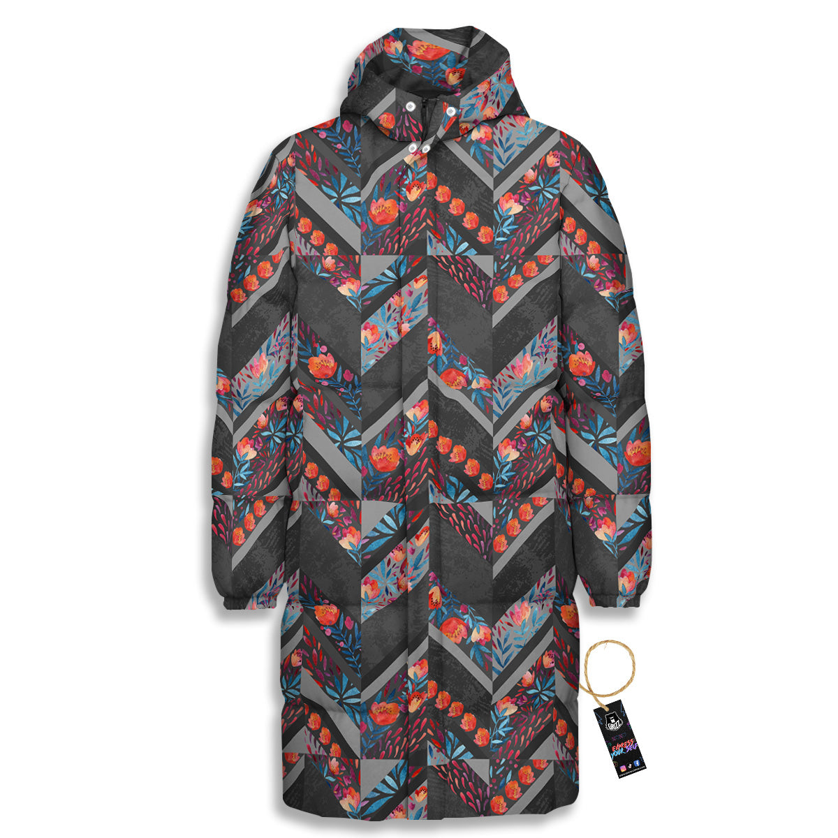 Chevron Watercolor Flowers Print Pattern Long Down Jacket-grizzshop
