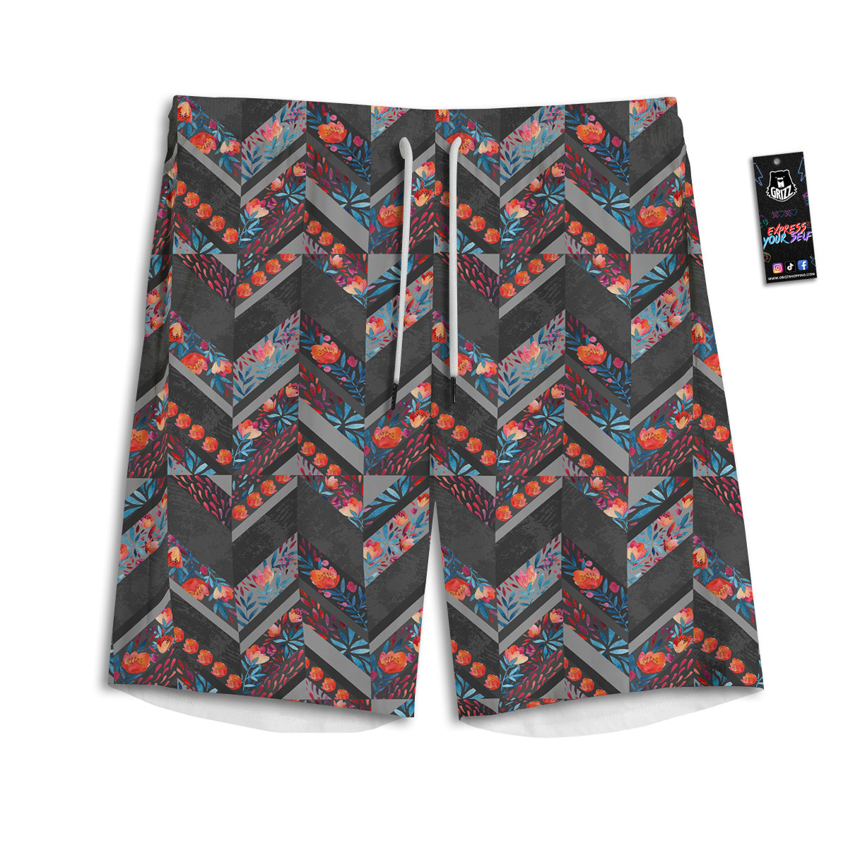 Chevron Watercolor Flowers Print Pattern Men's Athletic Shorts-grizzshop