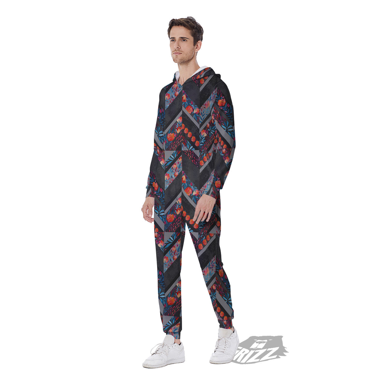 Chevron Watercolor Flowers Print Pattern Men's Jumpsuit-grizzshop