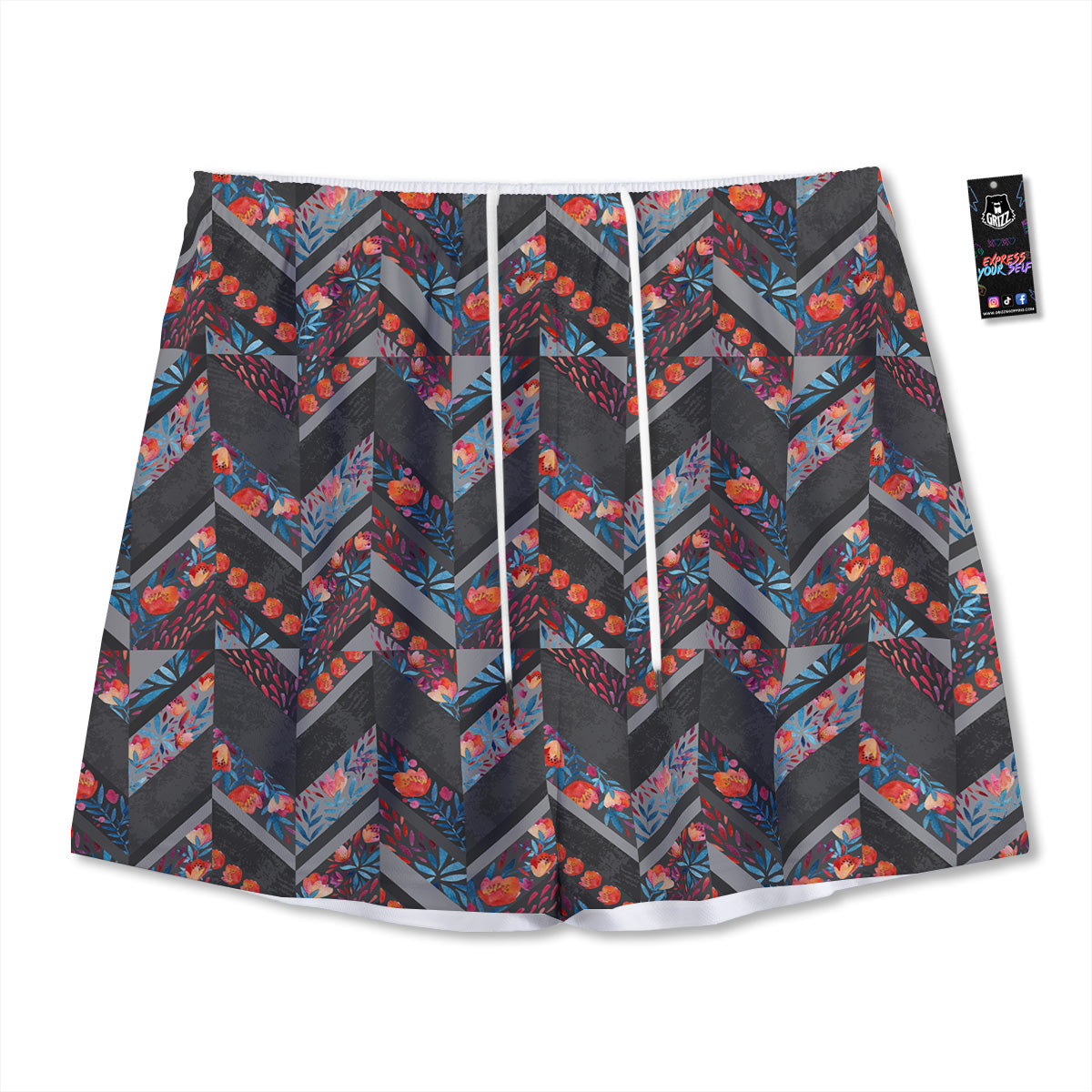 Chevron Watercolor Flowers Print Pattern Mesh Shorts-grizzshop