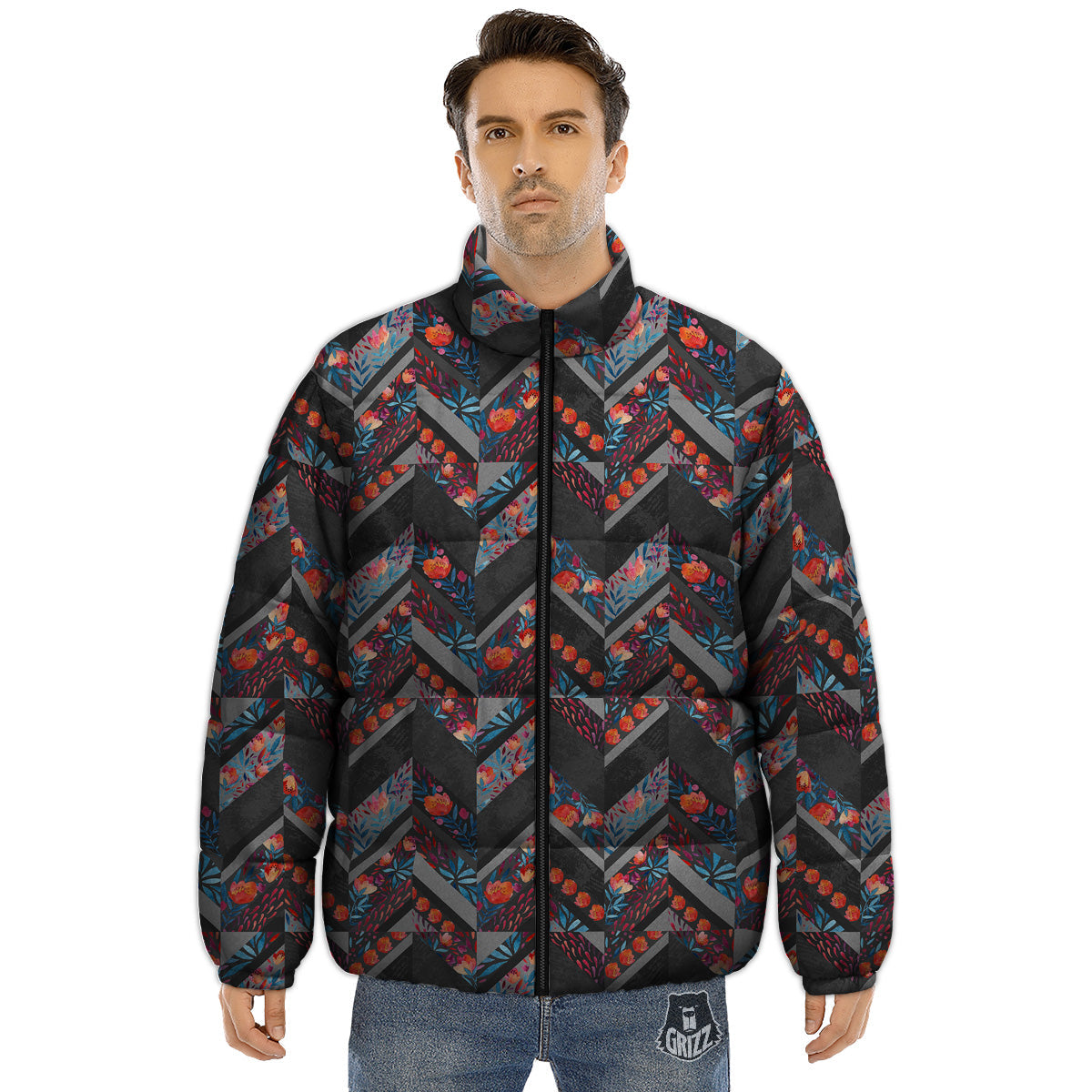 Chevron Watercolor Flowers Print Pattern Puffer Jacket-grizzshop