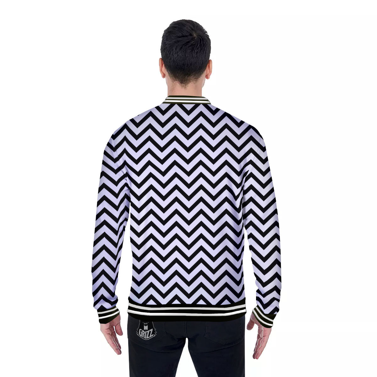 Chevron White And Black Print Pattern Baseball Jacket-grizzshop