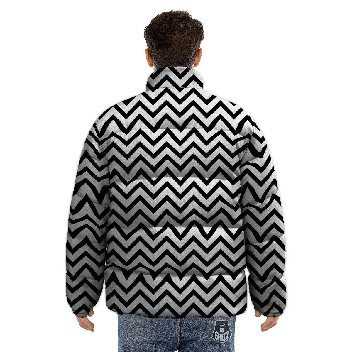 Chevron White And Black Print Pattern Puffer Jacket-grizzshop