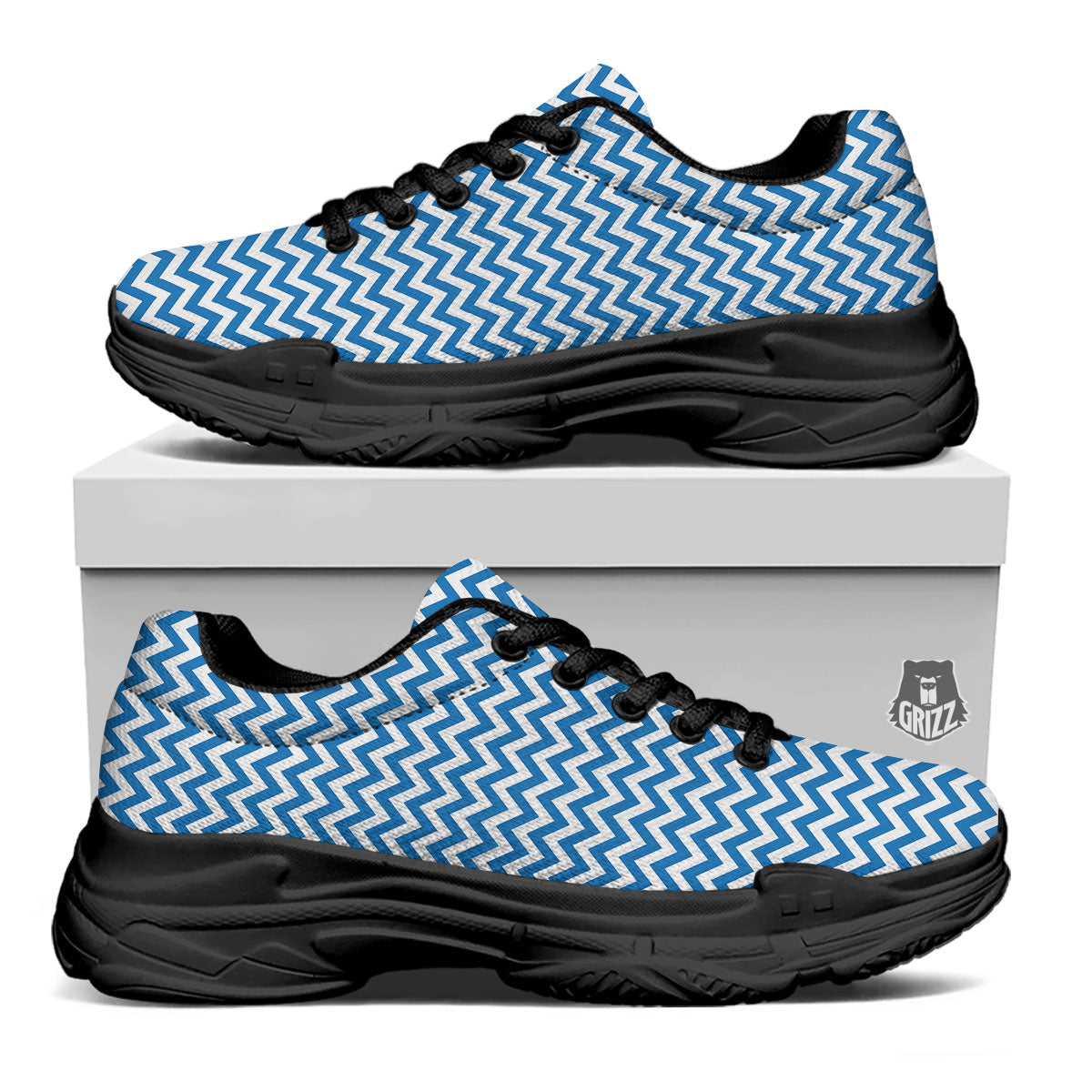 Chevron White And Blue Print Pattern Black Chunky Shoes-grizzshop