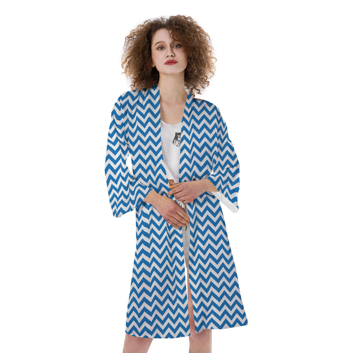 Chevron White And Blue Print Pattern Kimono-grizzshop