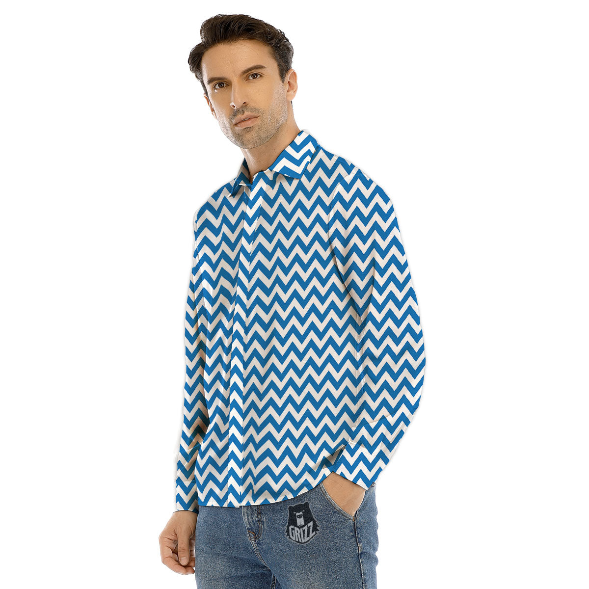 Chevron White And Blue Print Pattern Men's Dress Shirts-grizzshop