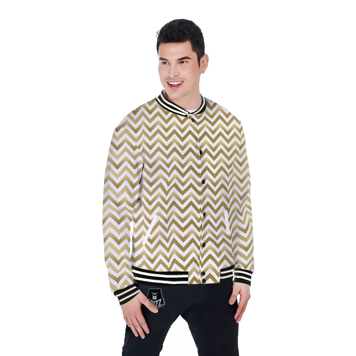 Chevron White And Gold Print Pattern Baseball Jacket-grizzshop