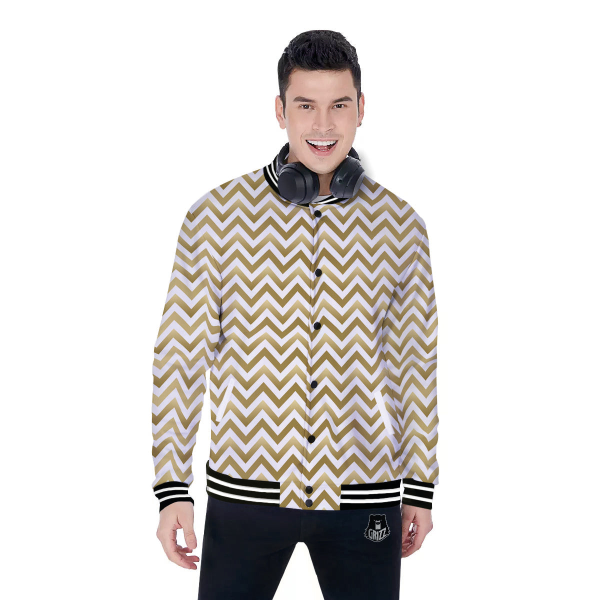 Chevron White And Gold Print Pattern Baseball Jacket-grizzshop
