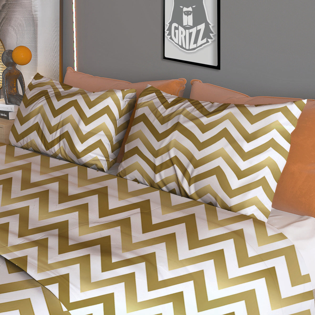 Chevron White And Gold Print Pattern Duvet Cover Bedding Set