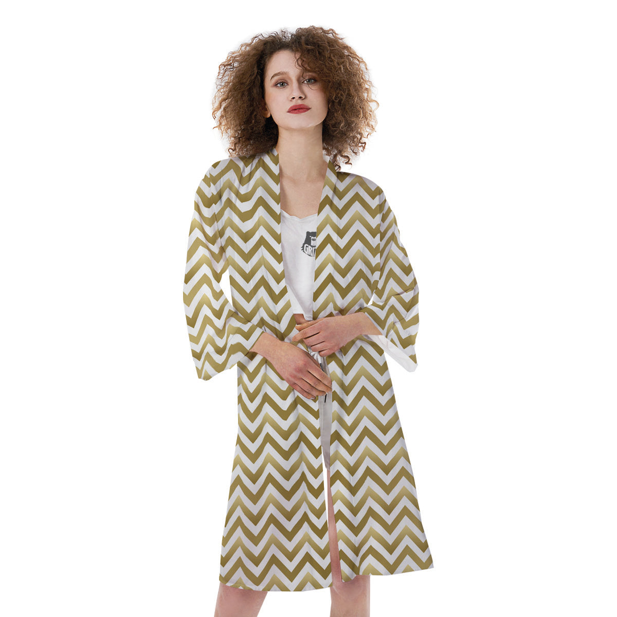 Chevron White And Gold Print Pattern Kimono-grizzshop