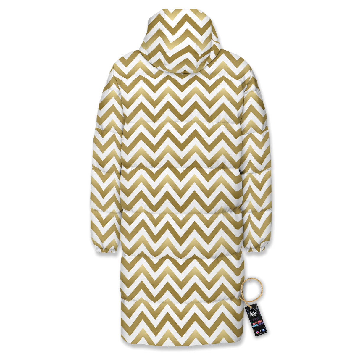 Chevron White And Gold Print Pattern Long Down Jacket-grizzshop