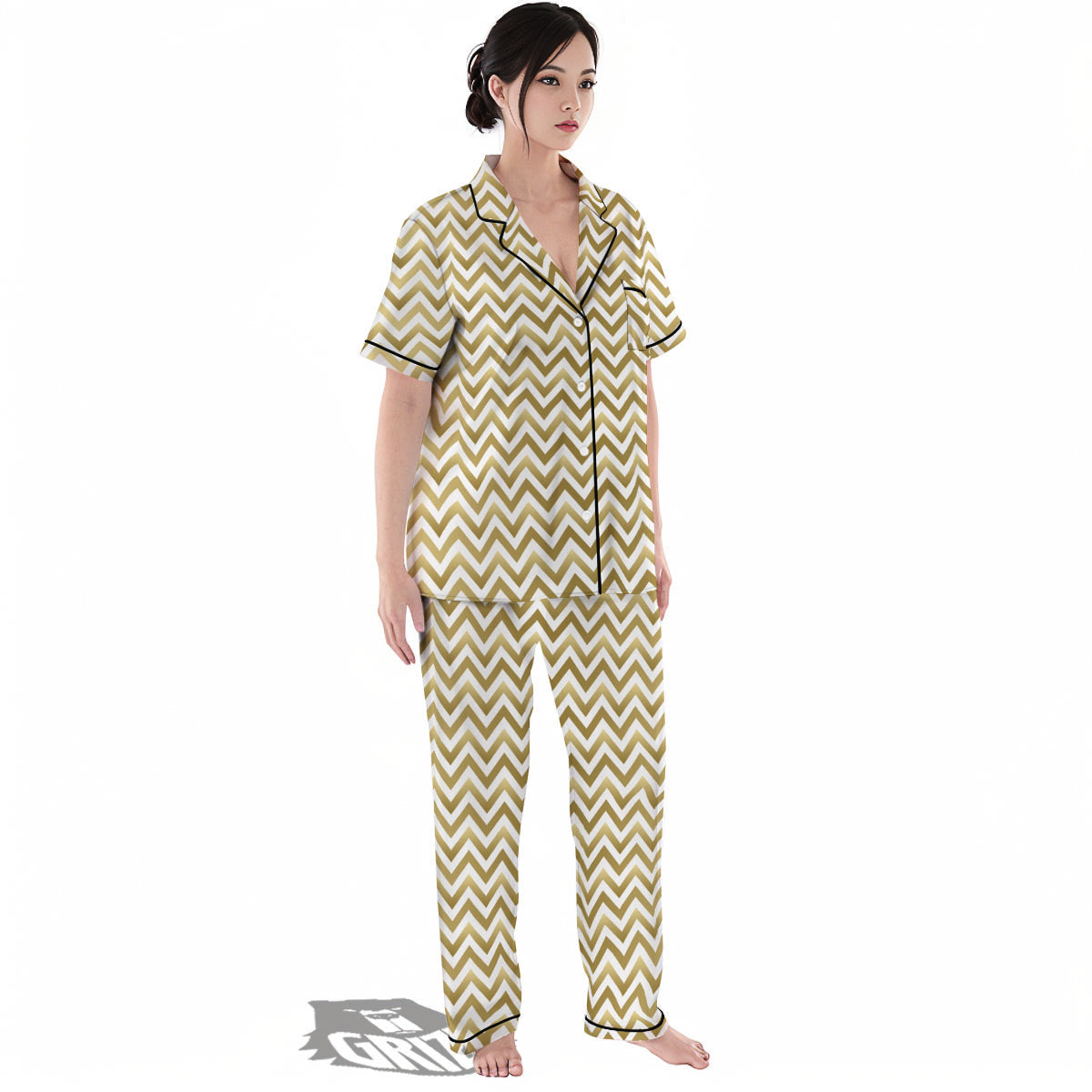 Chevron White And Gold Print Pattern Women's Pajamas Set-grizzshop