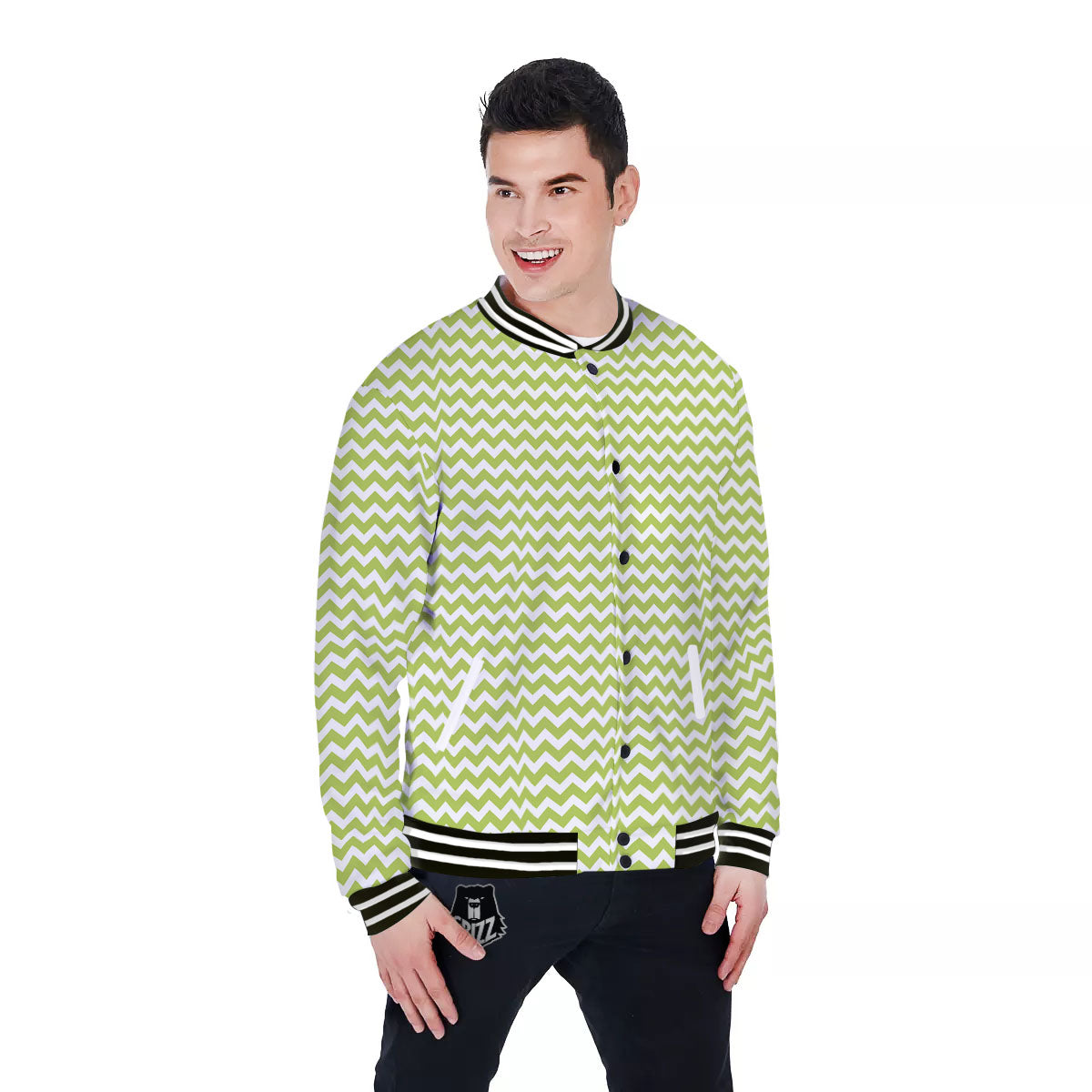 Chevron White And Green Print Pattern Baseball Jacket-grizzshop