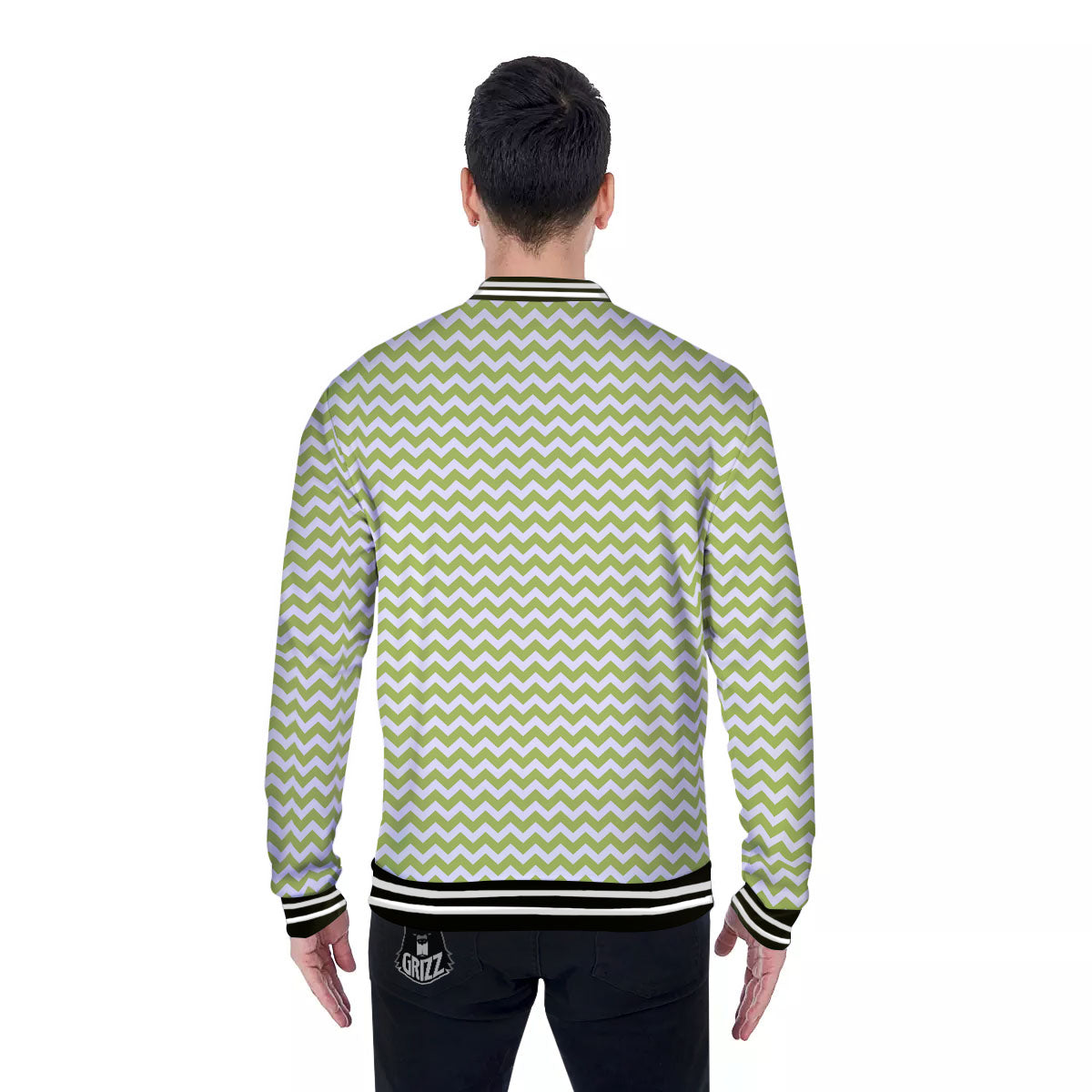 Chevron White And Green Print Pattern Baseball Jacket-grizzshop
