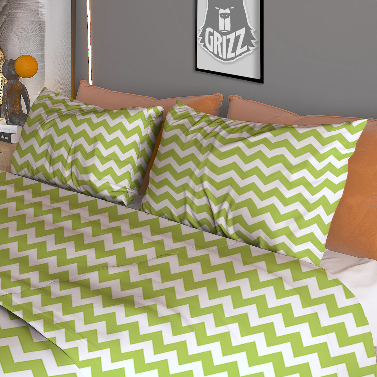 Chevron White And Green Print Pattern Duvet Cover Bedding Set