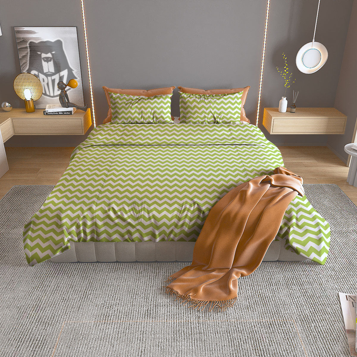 Chevron White And Green Print Pattern Duvet Cover Bedding Set