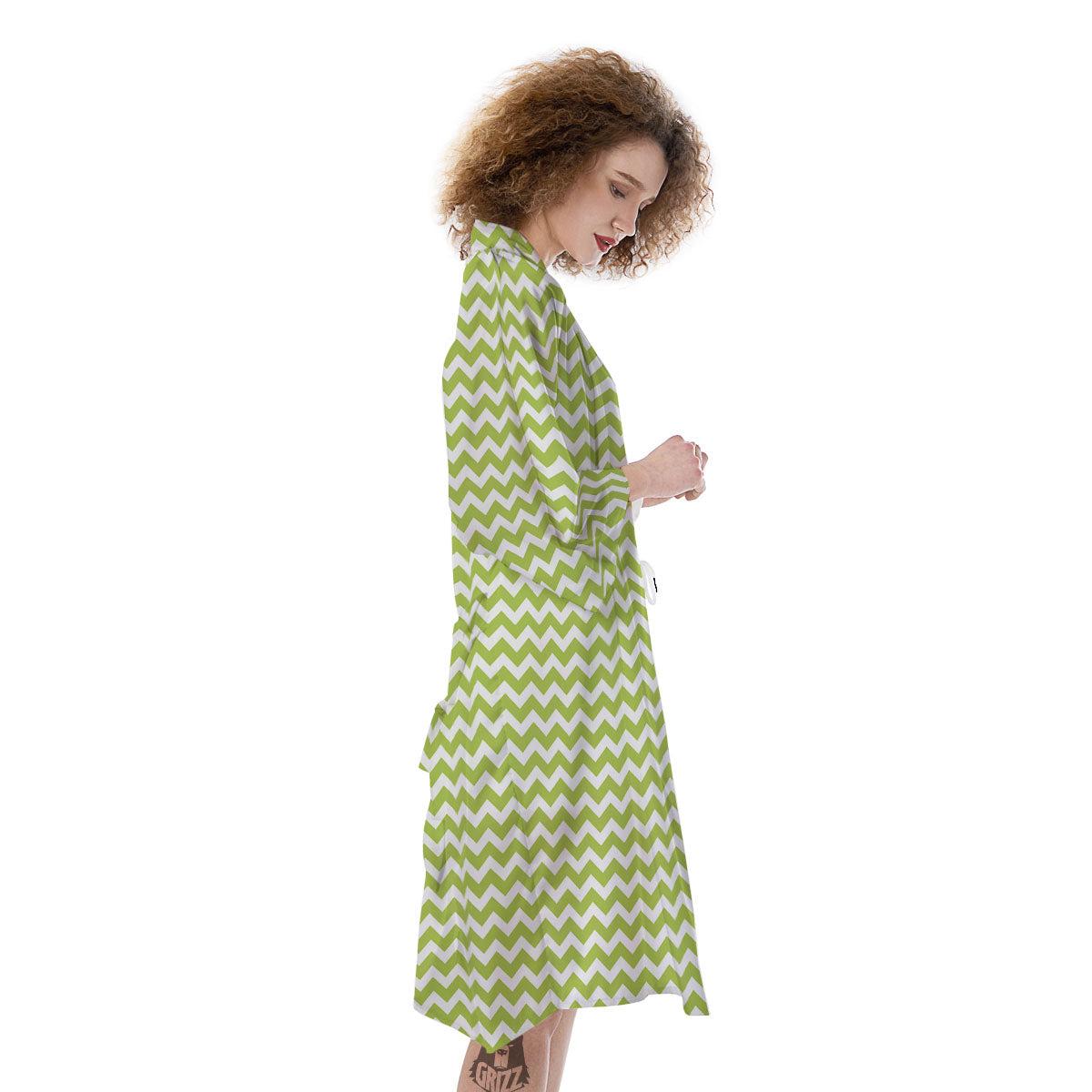 Chevron White And Green Print Pattern Kimono-grizzshop