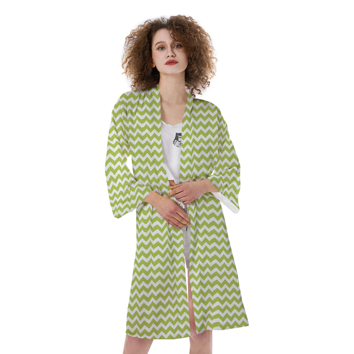 Chevron White And Green Print Pattern Kimono-grizzshop