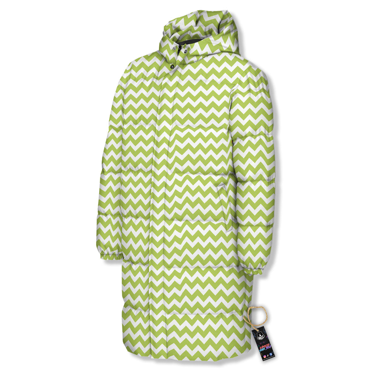 Chevron White And Green Print Pattern Long Down Jacket-grizzshop