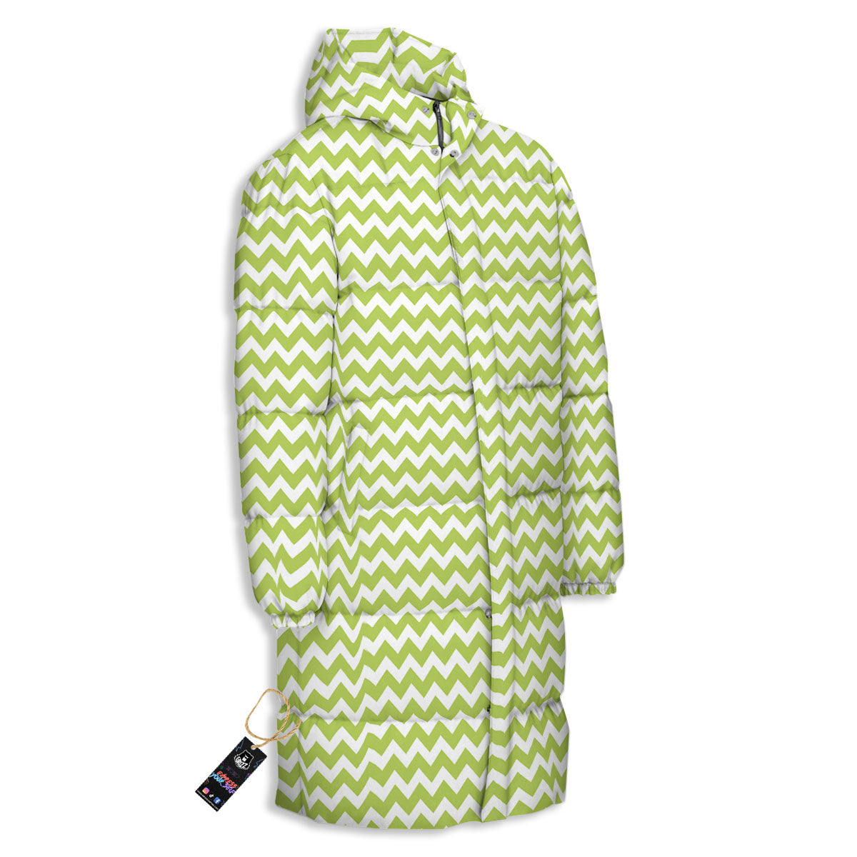 Chevron White And Green Print Pattern Long Down Jacket-grizzshop