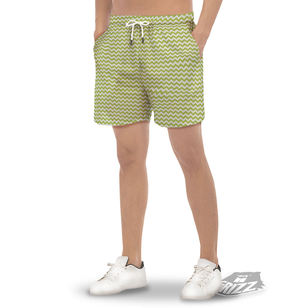 Chevron White And Green Print Pattern Men's Gym Shorts-grizzshop