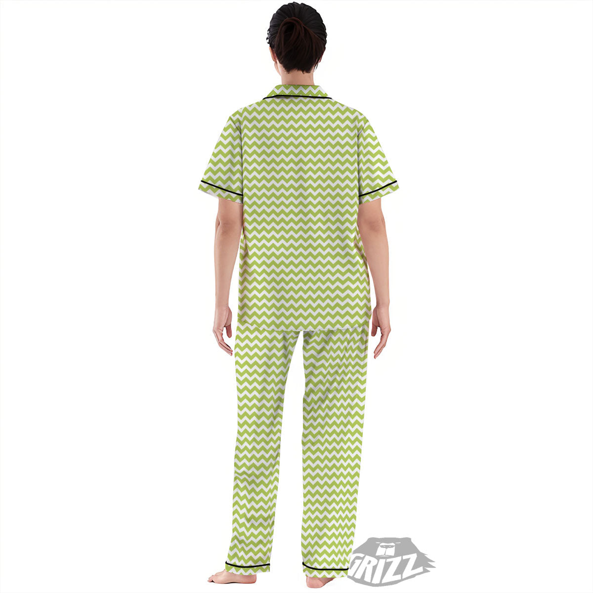 Chevron White And Green Print Pattern Women's Pajamas Set-grizzshop